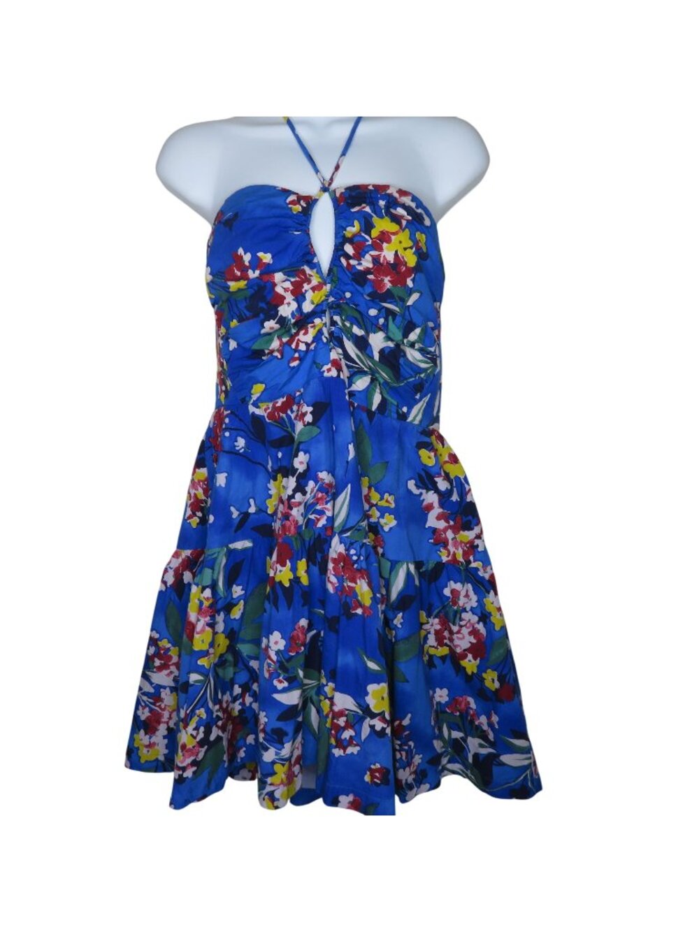 Anthropologie Emily Halter Mini Dress Blue Floral M Ruched Bust Tiered Skirt